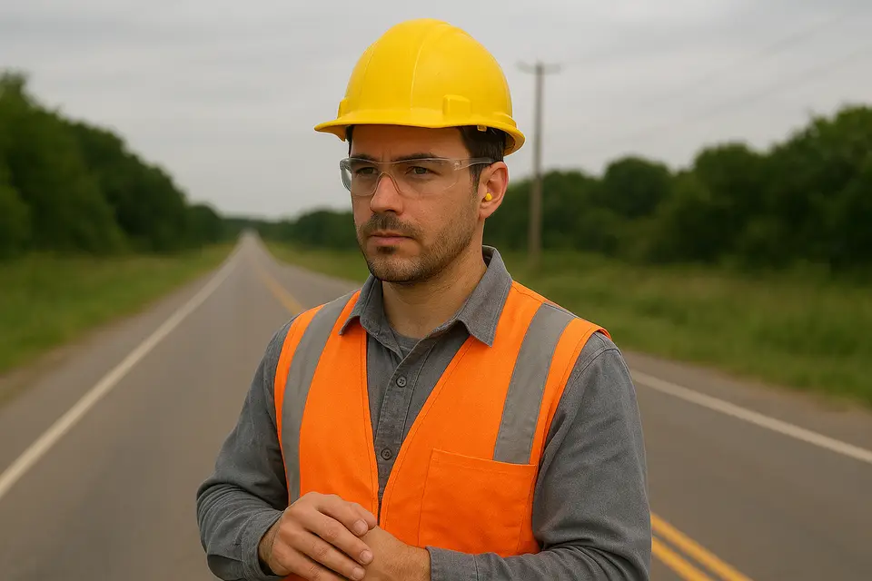 Engenheiro com capacete, óculos e colete refletivo em uma obra rodoviária