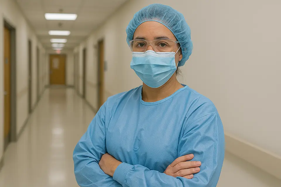 Profissional de saúde usando máscara, touca e avental hospitalar