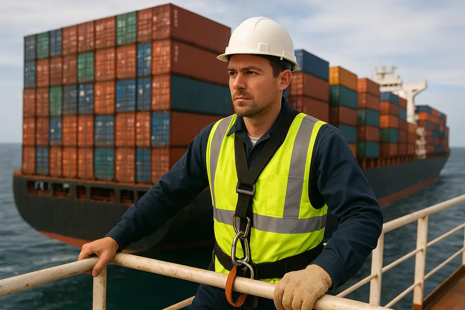 Trabalhador com capacete, colete refletivo e cinto de segurança em um navio porta-contêineres